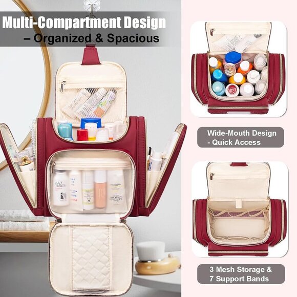 Travel Toiletry Bag Women Water-Resistant Hanging Shower Cosmetic Organizer - Picture 6 of 8